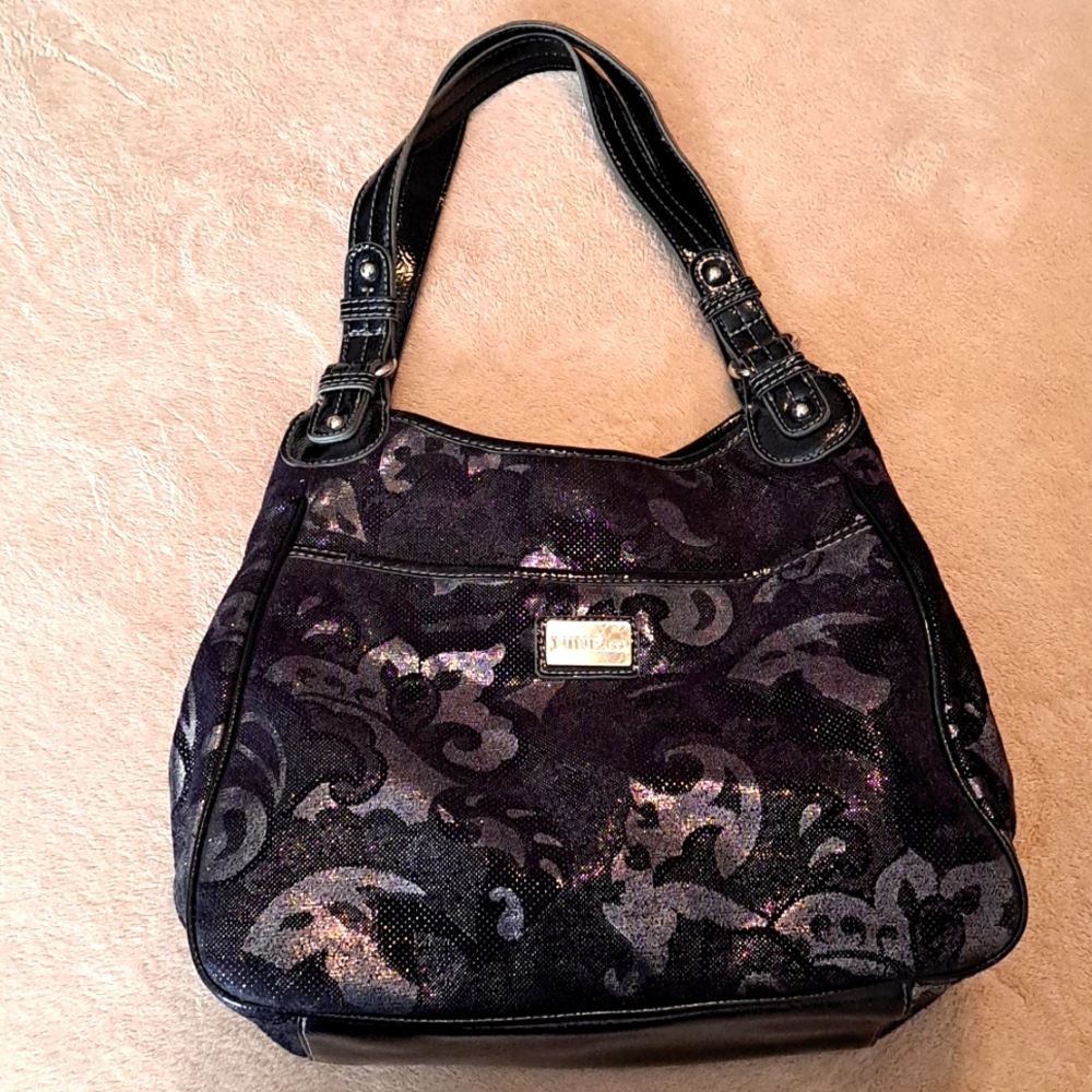 Nine & Co. Faux Suede Metallic Bag - Black and Silver Finish